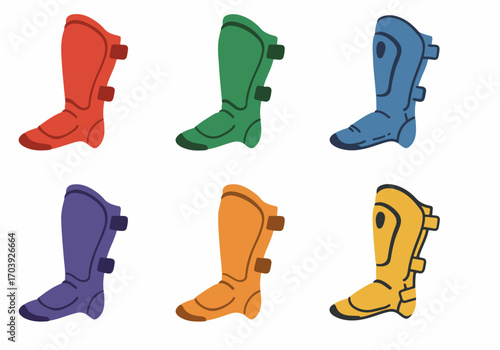 Colorful Sports Shin Guards Collection: A vibrant set of protective gear for various athletic activities, featuring red, green, blue, purple, orange, and yellow designs.
