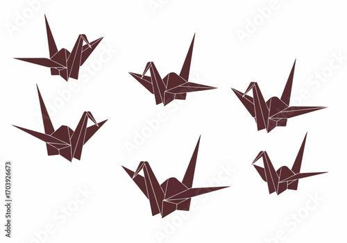 Six elegant burgundy origami cranes gracefully arranged on a pristine white background, symbolizing peace, hope, and Japanese culture in a minimalist illustration.