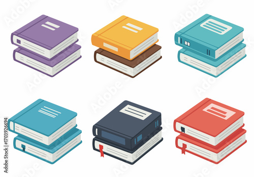 Colorful isometric stack of books vector illustration set for education, learning, and literature concepts, isolated on white background.