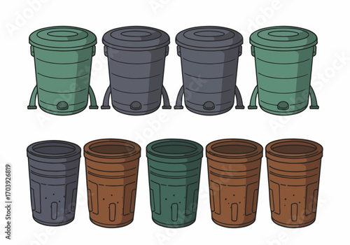 Cartoon collection of waste bins, composters, and planters in various colors, ideal for gardening, recycling, and environmental themes.