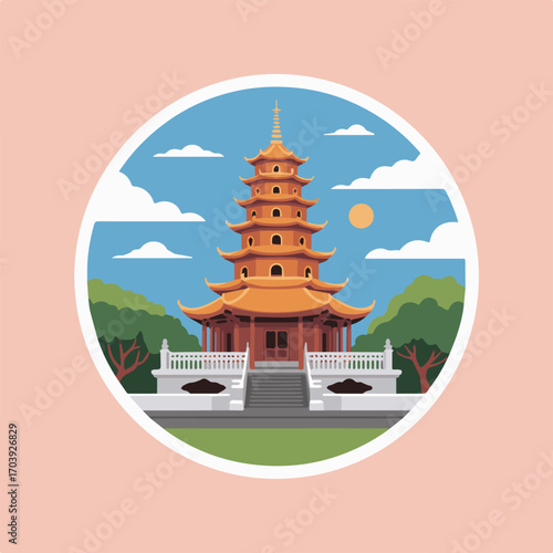 A serene vector illustration of a traditional asian pagoda with multiple tiers, set against a backdrop of a clear blue sky, fluffy white clouds, and a radiant sun in a circular frame