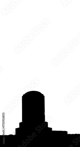 A simple, dark silhouette of a gravestone stands alone against a bright white background.