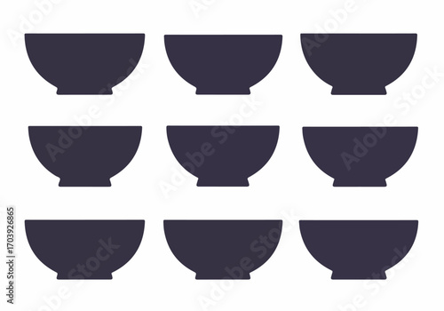 Nine dark grey bowl silhouettes, neatly arranged in a 3x3 grid on a stark white background, offering a minimalist graphic for kitchen or dining concepts.