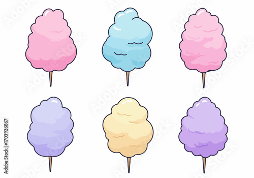 Colorful cartoon cotton candy set on sticks, a sweet and fluffy treat for dessert and fairground themes, isolated on white background.