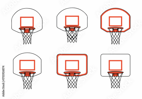 Vector set of diverse basketball backboards and hoops with nets, featuring various shapes and designs, isolated on a clean white background.
