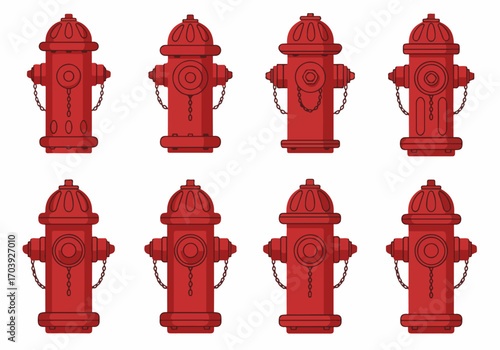 Set of Red Fire Hydrants Vector Illustrations. Diverse Collection of Emergency Water Equipment Icons for Urban Safety and Firefighting Design on White Background.
