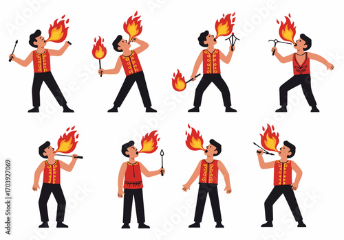 Cartoon set of a fire breather performing various fire eating stunts and flame tricks for entertainment.