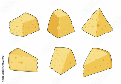 Cartoon Cheese Pieces Collection - Yellow Blocks and Wedges with Holes on White Background - Dairy Product Vector Illustration