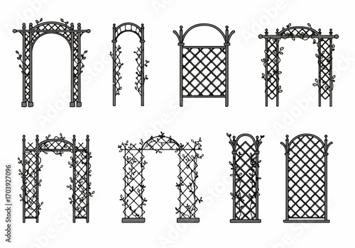Collection of stylized garden archways, trellises, and decorative arbors with climbing vines, perfect for outdoor design elements.