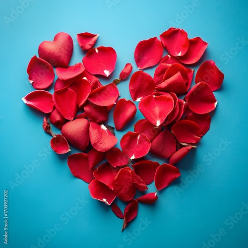 Heart shape made of red rose petals on a blue background