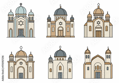Collection of Illustrated Synagogues and Mosques with Domes
