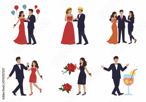 Flat design illustrations depicting prom night, formal events, and elegant couples celebrating with balloons, corsages, and royal crowns.