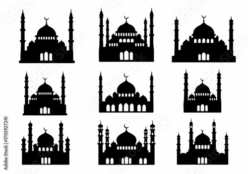 Set of diverse black mosque silhouettes featuring domes and minarets, perfect for Islamic religious events, cultural designs, and Ramadan celebrations on a white background.