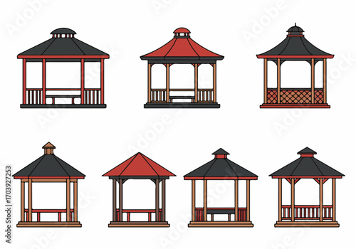 Diverse flat design vector set of garden gazebos, showcasing different styles for park, backyard, and outdoor relaxation areas.