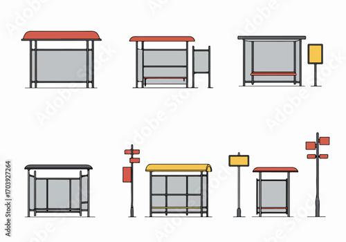 Collection of Illustrated Bus Stops and Public Transportation Elements: Vector Icons for City Travel and Urban Infrastructure Design