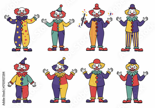 Vibrant collection of eight cartoon clowns in various colorful costumes and poses, perfect for children's parties, circus themes, and festive entertainment illustrations.