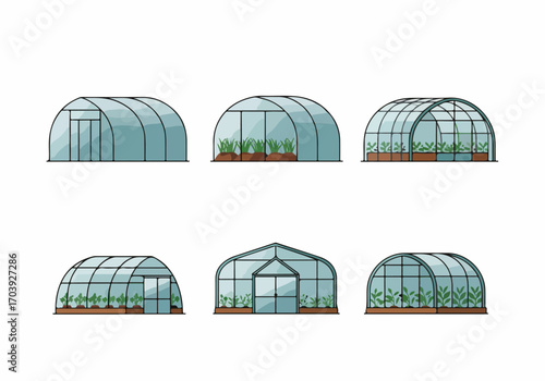 Illustration of various modern and traditional greenhouses and polytunnels with plants, showcasing different designs for home gardening and commercial agriculture on a white background.