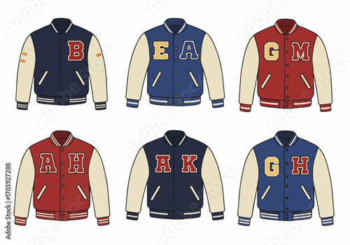Collection of six classic American varsity jackets in blue and red, featuring bold collegiate letters, perfect for sports, school, and retro fashion themes.
