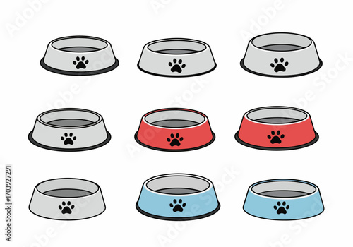 Colorful collection of cartoon pet food and water bowls with paw print design on white background, perfect for animal care and supplies.