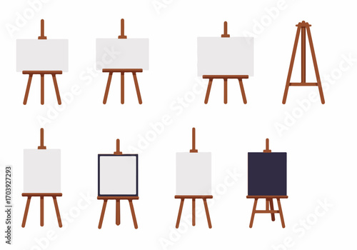 Collection of various easels with blank canvases for art, presentation, or display. Flat vector illustration set for creative projects.