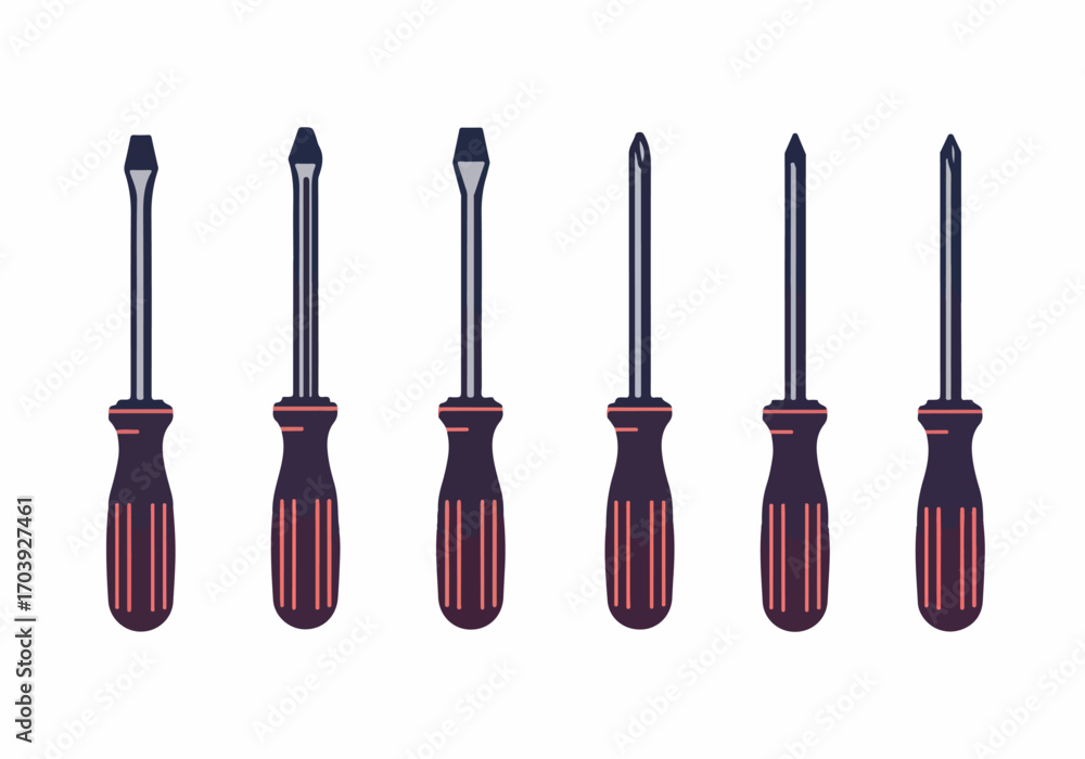 Naklejka premium Set of various screwdrivers, including flathead and Phillips head, essential hand tools for repair, construction, and DIY projects, isolated on a white background.