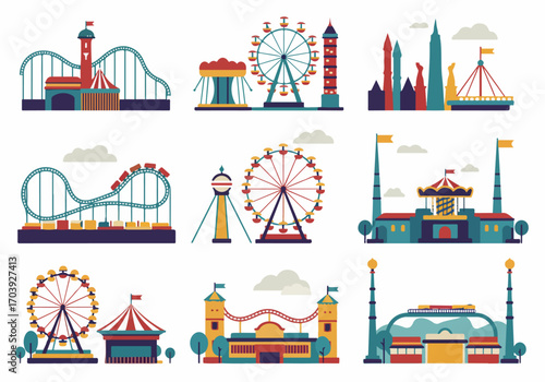 Colorful collection of amusement park rides and attractions in a playful flat design style, featuring roller coasters, Ferris wheels, and funfair buildings.