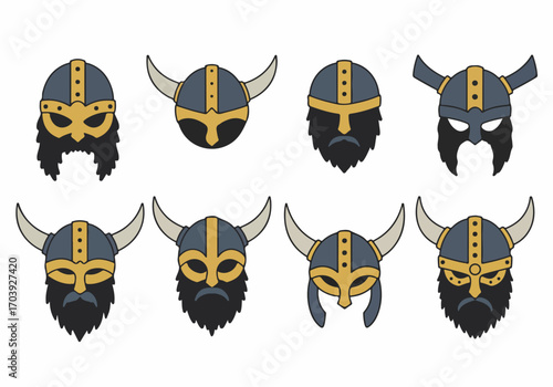 Diverse set of stylized Viking helmet icons with beards and horns, representing warrior symbols and ancient Norse culture.