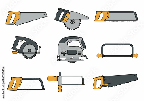 Flat design vector illustration featuring a diverse collection of hand and power saws, including circular, jigsaw, and various woodworking tools, isolated on white.