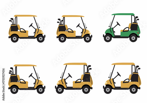 Collection of vector golf carts with clubs in various shades, including yellow and green, isolated on a white background, representing leisure and sport.