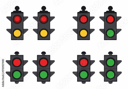Collection of traffic light icons displaying various signal states: stop, caution, and go, isolated on a white background, representing road safety and control.