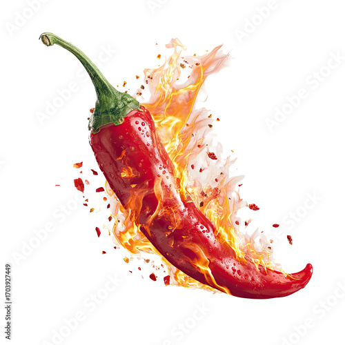 Fiery chili pepper bursts in flames