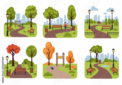 Diverse vector illustrations of urban parks showcasing different seasons and activities, featuring benches, trees, and city skylines.