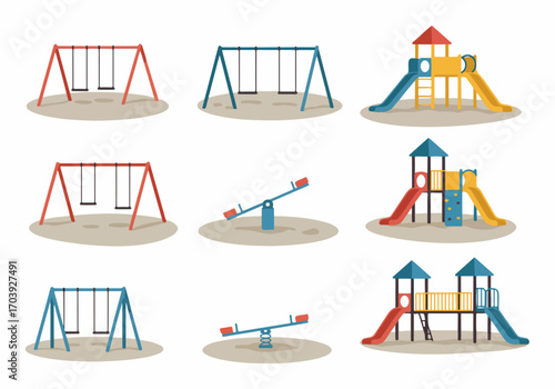 Collection of colorful playground equipment, featuring various swings, slides, and seesaws, rendered in a flat vector illustration style on a white background.