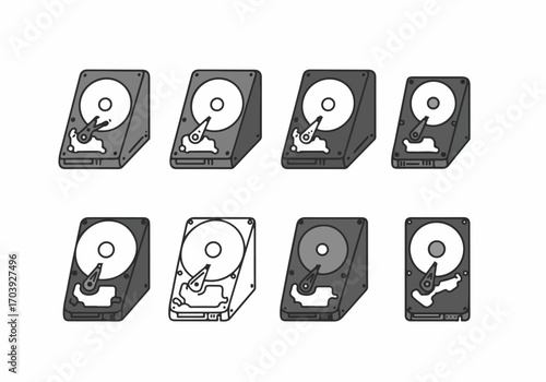 Eight illustrated hard drives showcasing internal components for data storage, technology, and computing concepts on a clean white background.