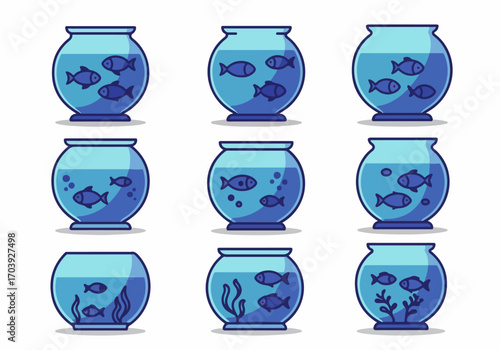 Collection of Cute Cartoon Fishbowl Illustrations with Blue Fish and Aquatic Elements for Pet and Home Decor Themes.