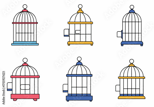 Colorful cartoon bird cages vector illustration set on a white background, featuring various designs and vibrant accents, perfect for pet-themed projects.