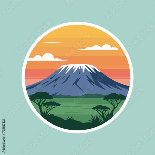 Mount kilimanjaro emblem featuring snowcapped peak, savanna, and a vibrant sunset sky, capturing the essence of african landscape in a circular design