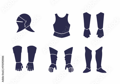 Set of Knight Armor Silhouettes: Helmet, Chest Plate, Gauntlets, Leg and Foot Protection for Medieval and Fantasy Design Projects.