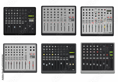 Set of six audio mixing consoles in flat design style for sound engineering, music production, and professional broadcast.