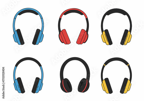 Collection of six colorful flat design headphones in blue, red, and yellow, illustrating various audio devices for music and sound enjoyment.