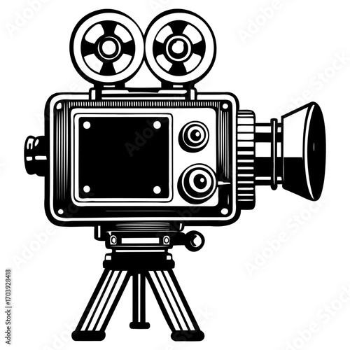 Vintage black and white movie camera illustration