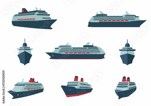 Set of flat design cruise ship illustrations from multiple perspectives, depicting various passenger vessels for travel, vacation, and ocean journeys.