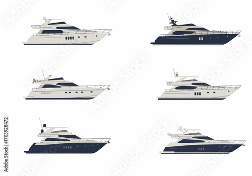 A collection of diverse modern luxury yachts, perfect for high-end sea travel, leisure, and boating concepts, presented in a clean vector style.