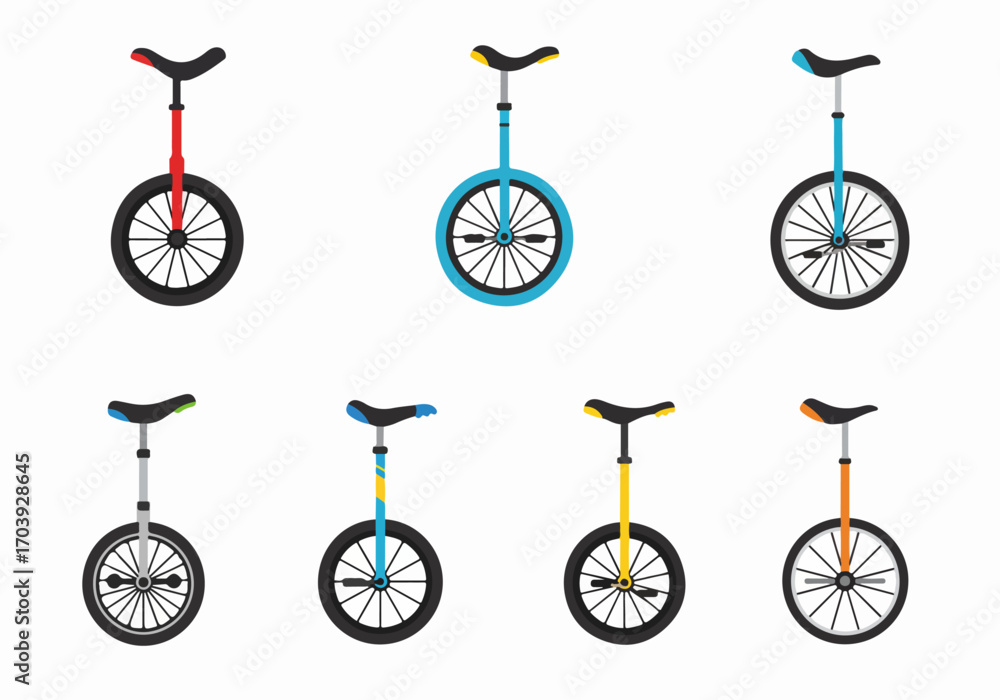 Naklejka premium Colorful Unicycle Collection: Flat Design Vector Illustrations for Balance, Sport, and Entertainment on White Background