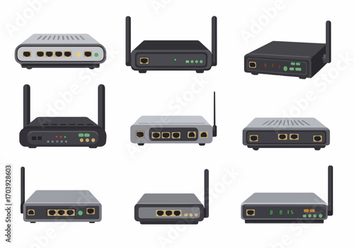 Collection of diverse internet routers and modems with antennas and port details, illustrating home and office network devices on a white background.