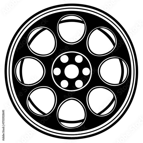 Black and white illustration of a film reel icon with eight circular cutouts