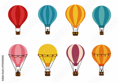 Collection of eight colorful flat design hot air balloons with passenger figures, ideal for travel, adventure, and celebration themes on a white background.