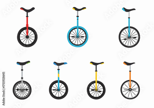Colorful Unicycle Collection: Flat Design Vector Illustrations for Balance, Sport, and Entertainment on White Background