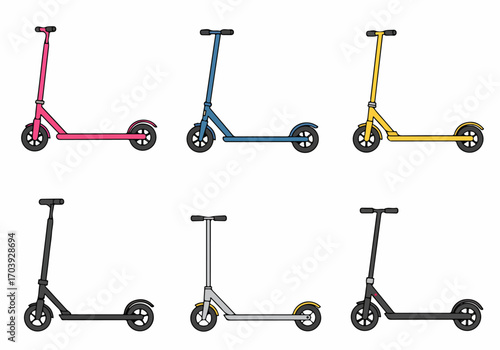Set of six colorful flat vector illustrations of modern kick scooters, perfect for urban mobility, eco-friendly transport, and recreational activities.