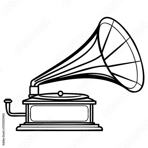 Vintage phonograph player illustration with classic horn and wooden box design